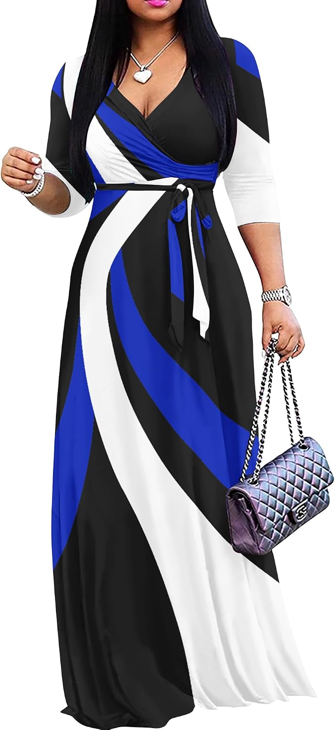 FANDEE Plus Size Maxi Dress for Women - Summer Long Dresses Casual | Women's Curvy Fit Long Dress, Semi\u2011Formal Print Fitted Wrap Dress with Pockets & Belt, 3\/4-Sleeve V-Neck