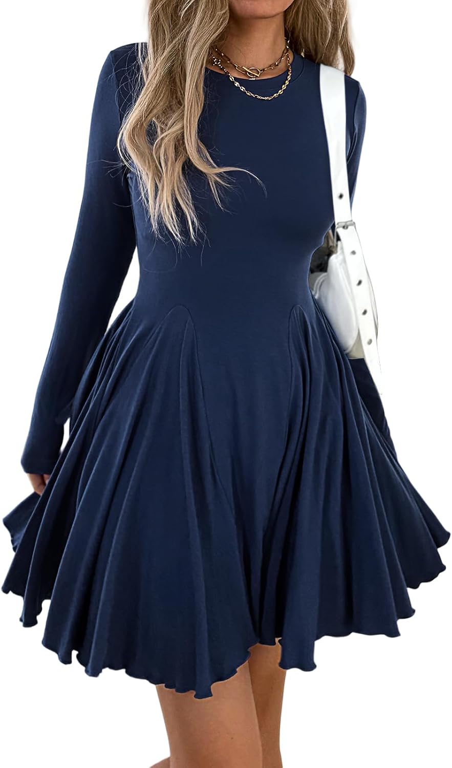 Mieazom Women\u2019s Long Sleeve Casual Swing Dress \u2013 A-Line Fit and Flare Skater Dress, Stretchy Mini Dress for Fall Winter