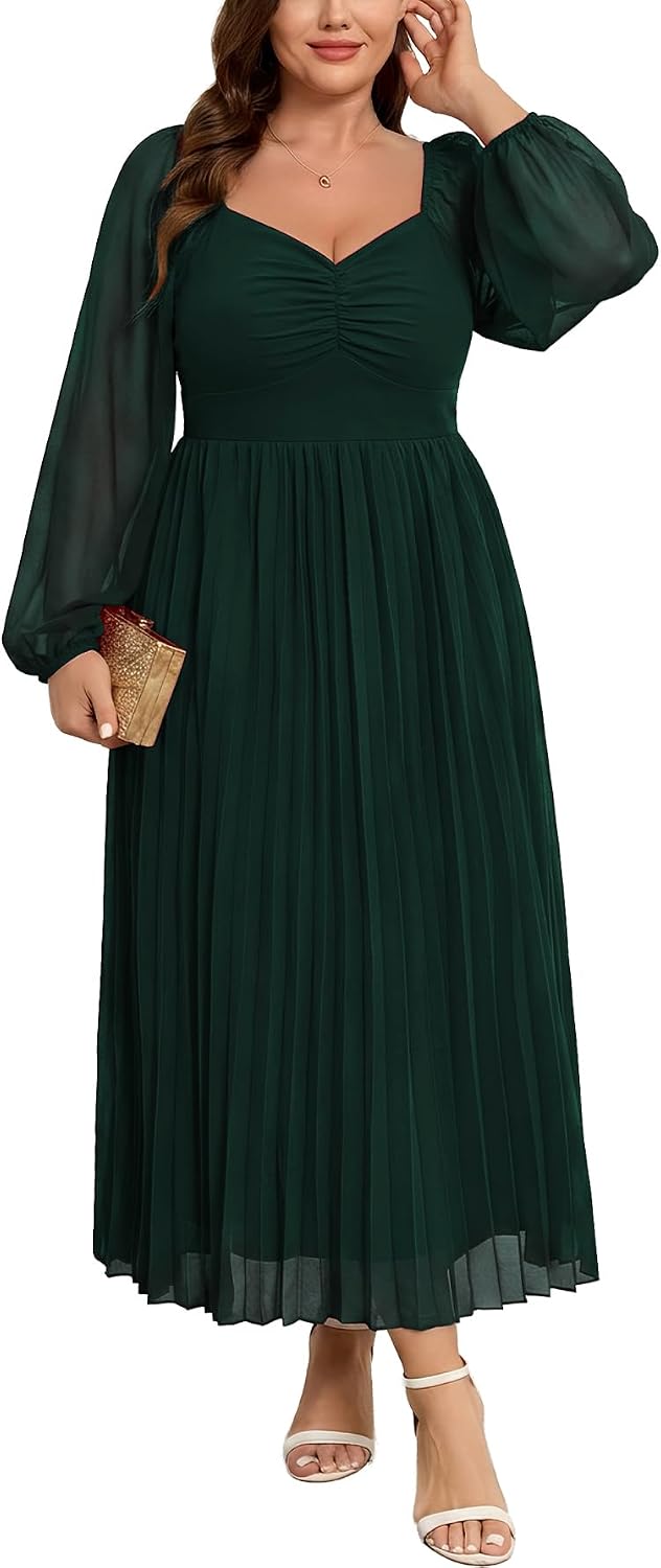 SHESTARR Women's Plus Size Maxi Dress for Wedding Guest Cocktail | Elegant, Long Sleeve, Sweetheart Neckline, Chiffon, Pleated, Smocked, A-Line, Evening Party, Formal Dresses