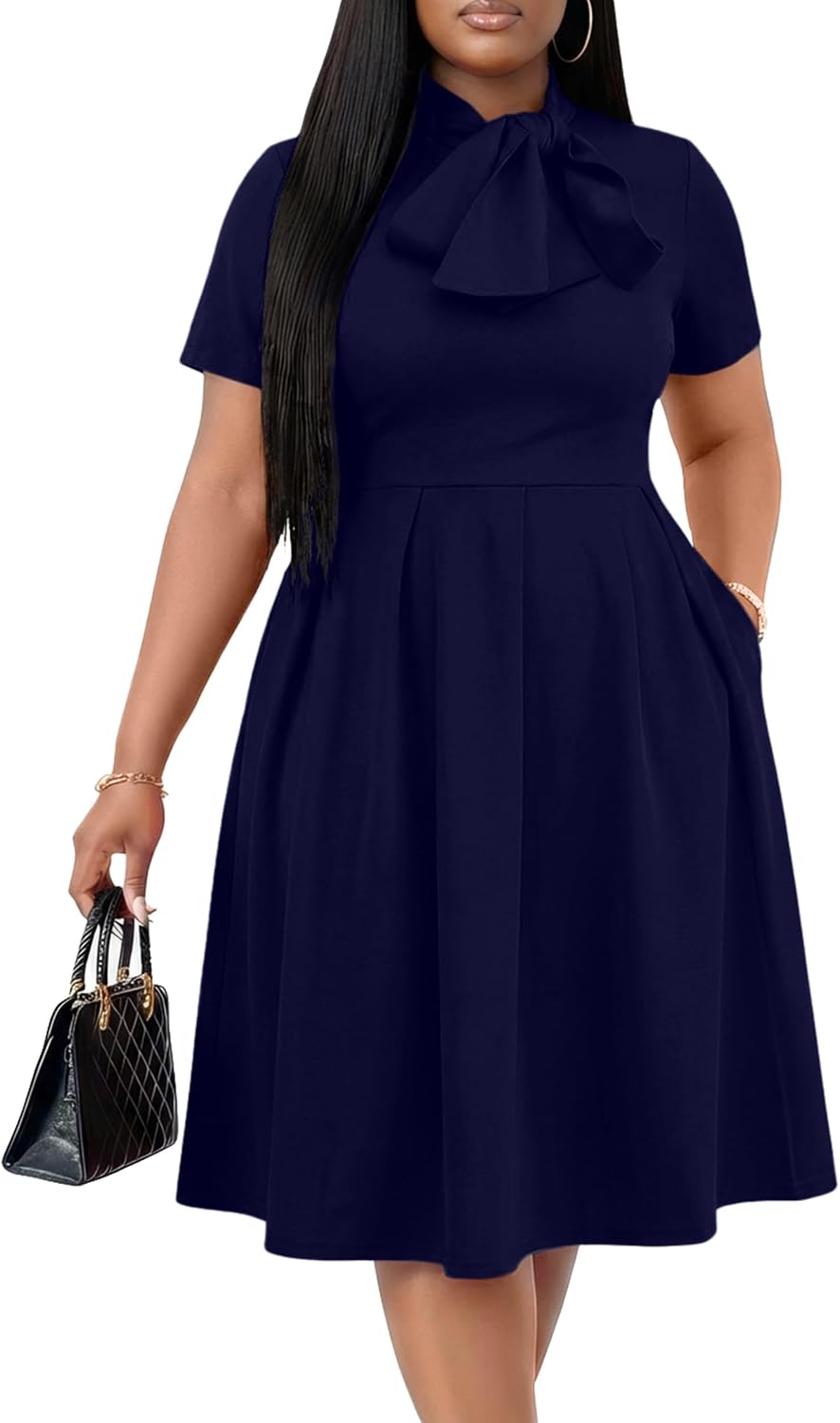 FANDEE Midi Dress for Women Casual Short Sleeve A-line Semi Formal Fit and Flare Dress Classy Tie Neck Work Business Dresses