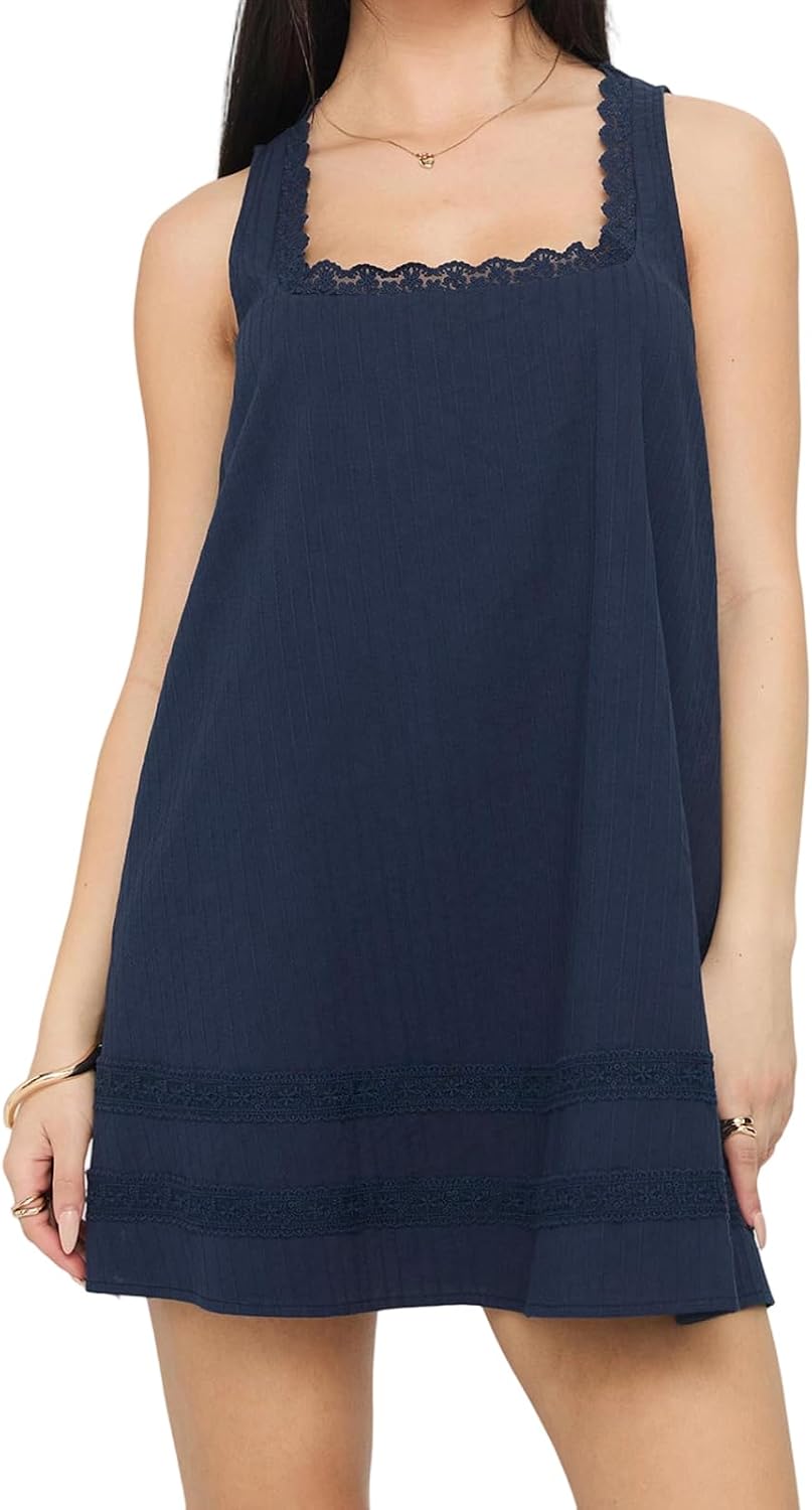 Nlacehan Women's Loose Fit Casual Summer Mini Dress | Sleeveless, Square Neck with Lace Trim, A-Line Flowy Hem, Solid Color Sundress, Beach Vacation Streetwear