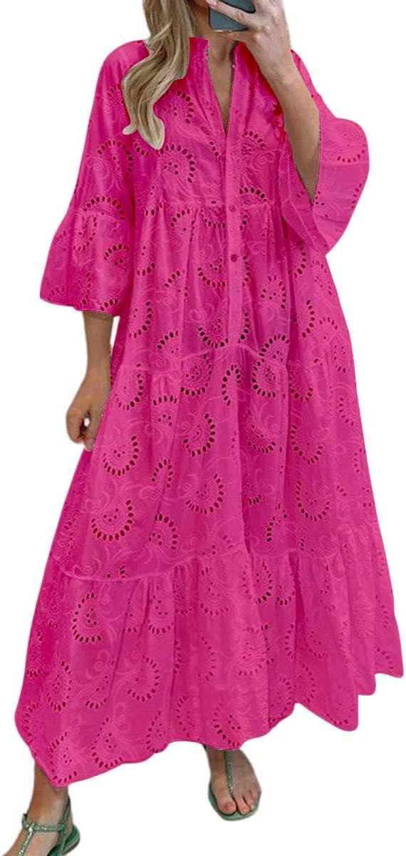 chouyatou Women's 2026 Lace Eyelet Embroidery Maxi Dress V-Neck Trumpet Sleeve Boho Flowy Swing Dress