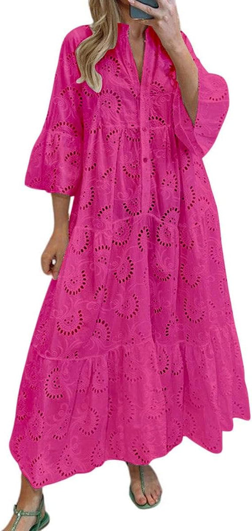 chouyatou Women's 2026 Lace Eyelet Embroidery Maxi Dress V-Neck Trumpet Sleeve Boho Flowy Swing Dress