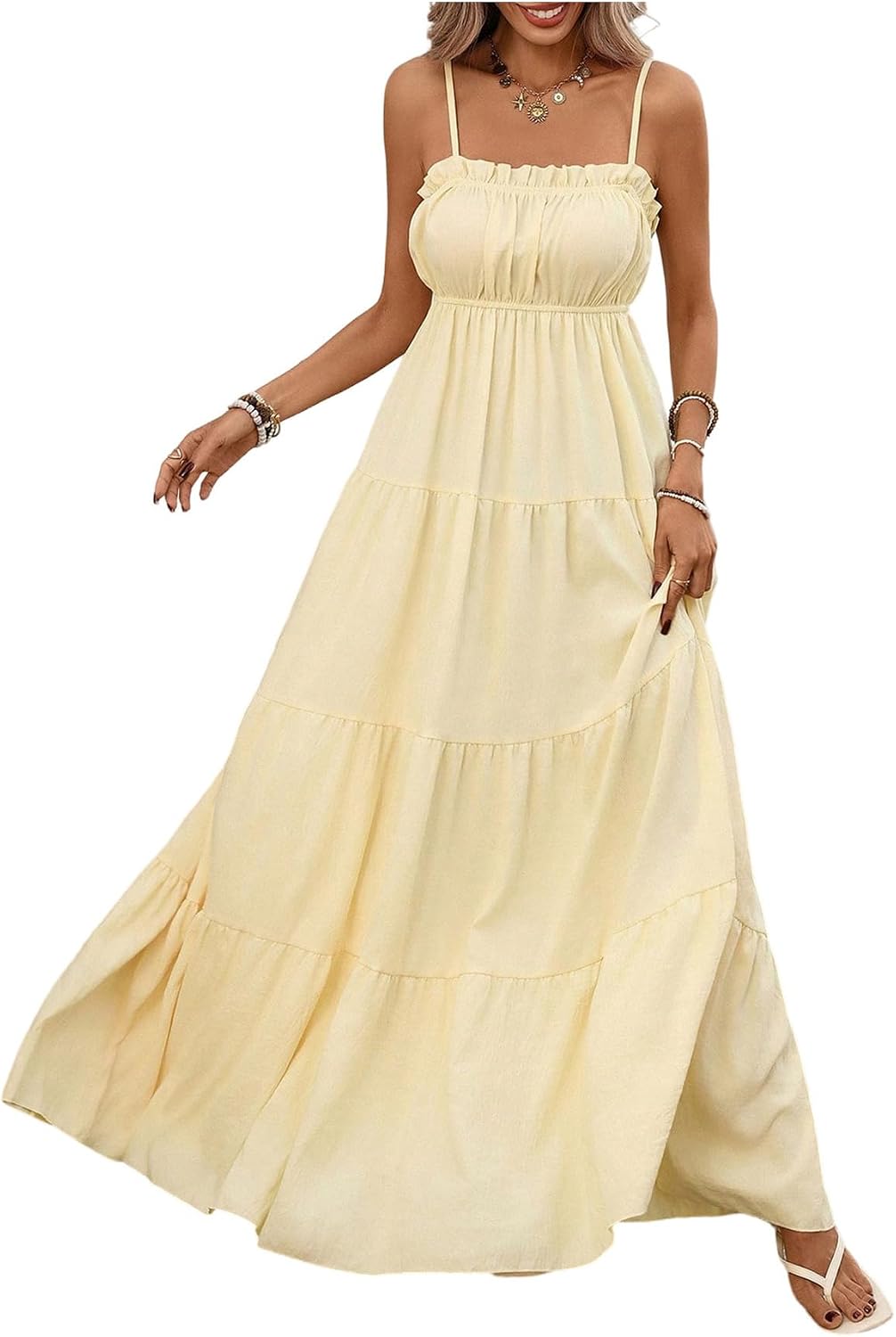 SOLY HUX Women's Summer Long Maxi Dress Flowy Beach Vacation Cami Sundress | Frill Ruffle, Spaghetti Strap, Going Out Dresses