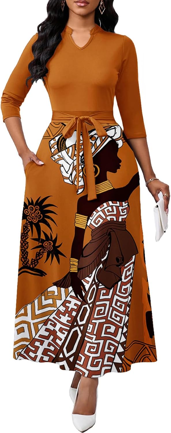 BubFee Maxi Dresses for Women Semi Formal Long Dress 3\/4 Sleeve Casual A-line Church Dresses with Pockets
