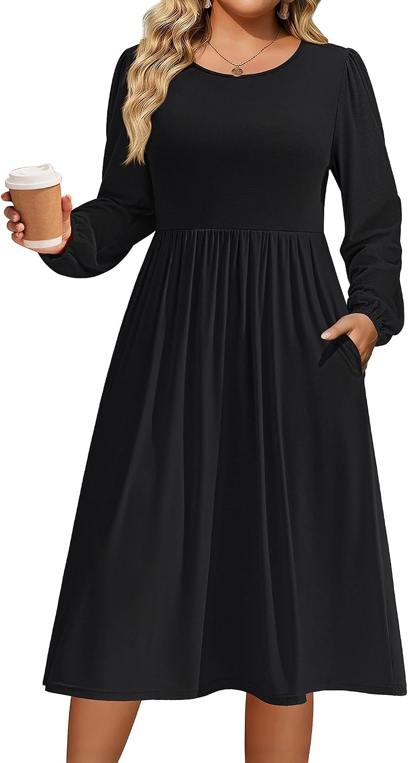 IN'VOLAND Plus Size Fall Dresses Women Long Sleeve Midi Casual Pocket Dress | Breathable Material, Crewneck A-Line Dresses, Loose Fit, Fall Fashion 2026