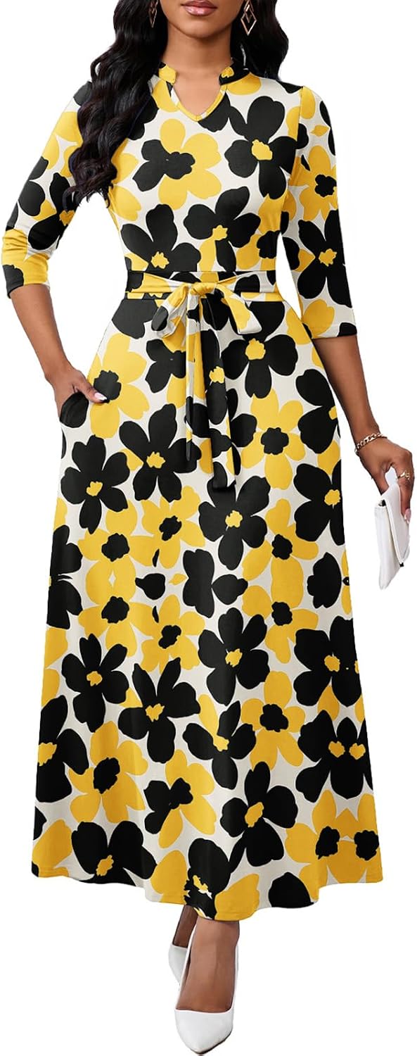 BubFee Maxi Dresses for Women Semi Formal Long Dress 3\/4 Sleeve Casual A-line Church Dresses with Pockets