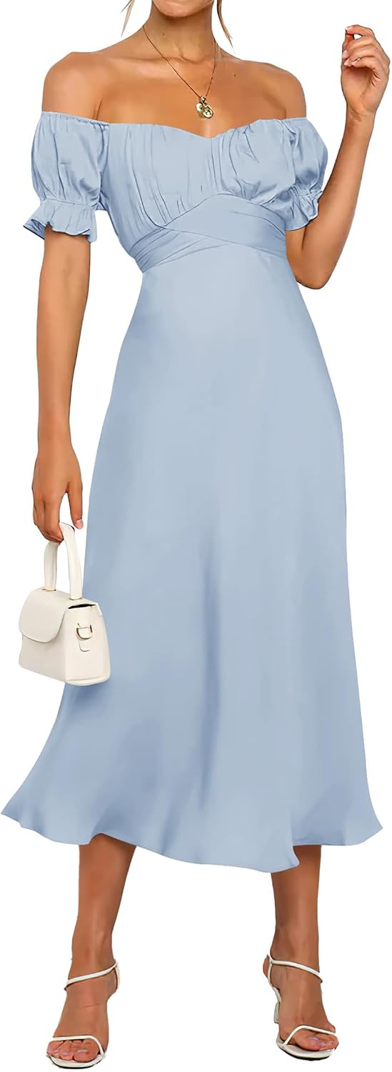 KIRUNDO Women's Satin Summer Wedding Guest Cocktail Dress | 2026 Spring Fall Party Midi Dress, Silky, Elegant Off Shoulder Short Sleeve, Ruffle Mermaid Hem, Wrap Prom Formal Outfits