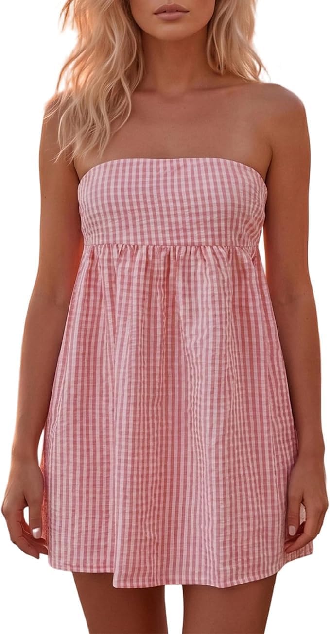 Women Strapless Gingham Tube Top Dress Summer Plaid Tie Back Mini Sundress | Backless Bandeau Dress, Ruffle Trim Flowy A-Line Short Dress, Gingham Babydooll Mini Dress with Pockets for Beach Vacation