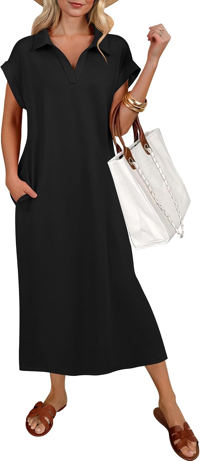 ANRABESS Womens Summer Casual Polo V Neck Dresses | Short Sleeve Split Tshirt Maxi Dress with Pockets, Soft Wrinkle-Free Loose Fit, Beach Vacation Travel Outfit, Summer Clothes