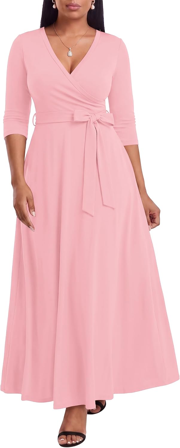 FANDEE Plus Size Maxi Dress for Women - Summer Long Dresses Casual | Women's Curvy Fit Long Dress, Semi\u2011Formal Print Fitted Wrap Dress with Pockets & Belt, 3\/4-Sleeve V-Neck