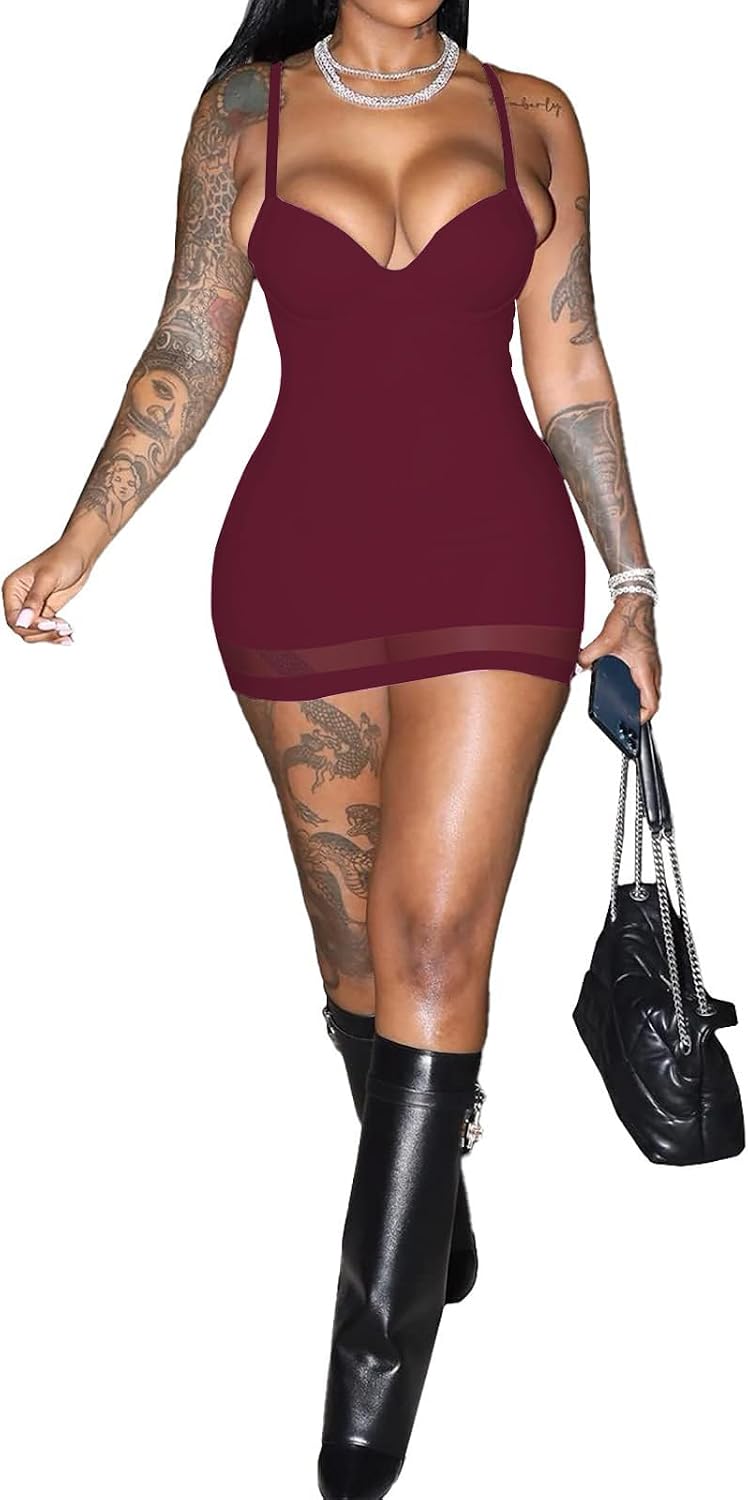 Sexy Bodycon Mini Dress for Women Club Party Night Out | Sweetheart Neck Spaghetti Strap Mesh Hem Short Dresses with Built in Bra