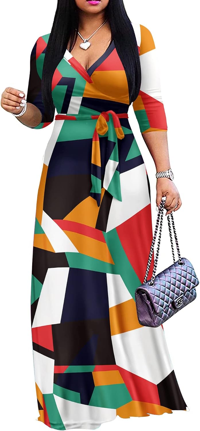 FANDEE Plus Size Maxi Dress for Women - Summer Long Dresses Casual | Women's Curvy Fit Long Dress, Semi\u2011Formal Print Fitted Wrap Dress with Pockets & Belt, 3\/4-Sleeve V-Neck