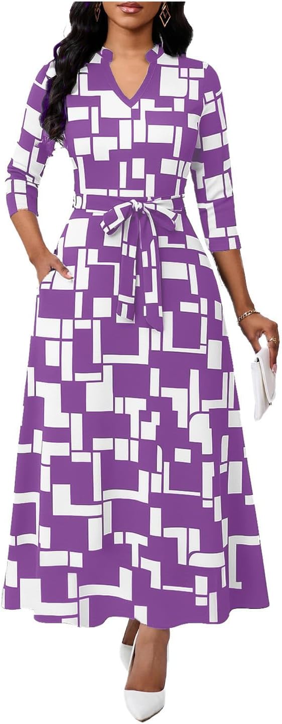 BubFee Maxi Dresses for Women Semi Formal Long Dress 3\/4 Sleeve Casual A-line Church Dresses with Pockets
