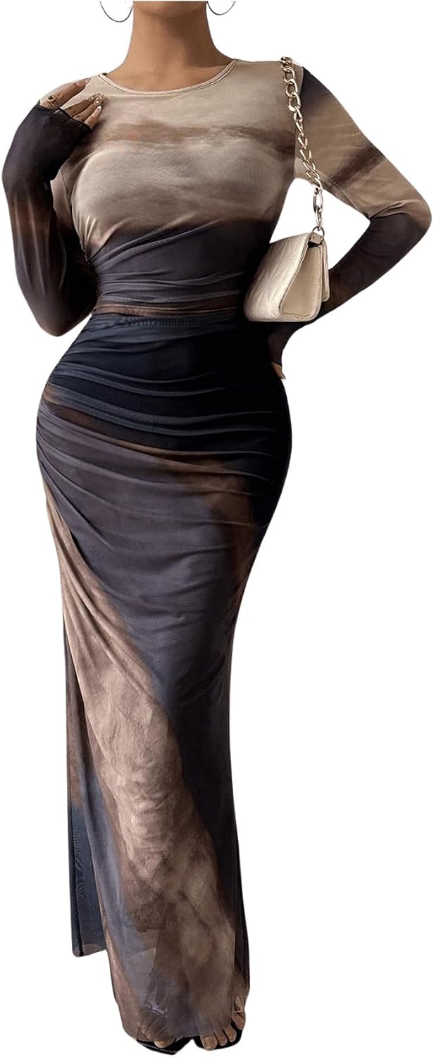 BEAUDRM Women's Fall Wedding Guest Dress Long Sleeve Cocktail Date Night Sexy Y2K Bodycon Ruched Mesh Formal Maxi Dresses