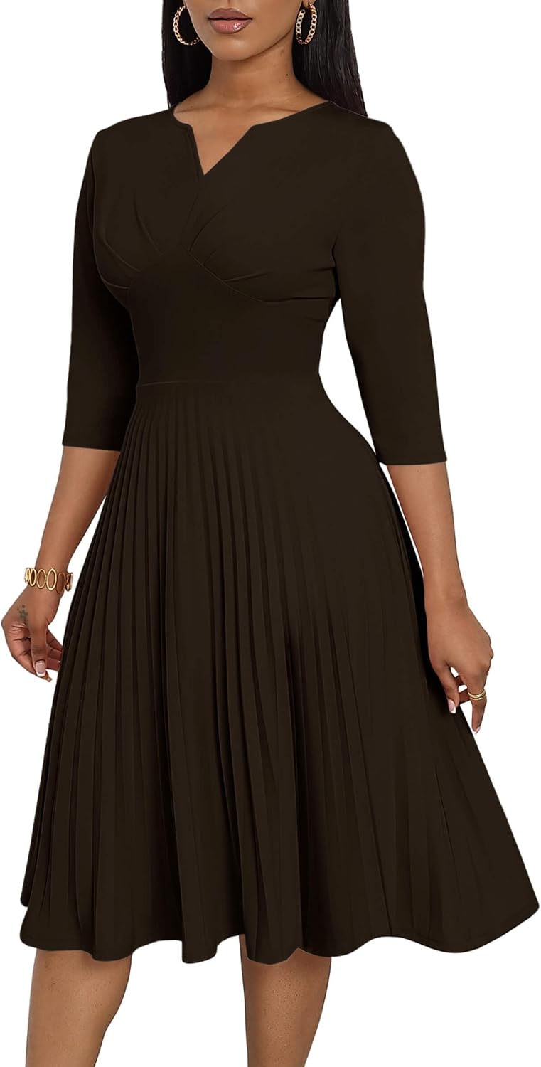 CLOCOR Pleated Midi Dress 3\/4 Sleeve Empire Waist Church Dress with Pockets | V neck back zipper A line fit and flare elegant dress\/ cocktail tea party wedding guest casual bussiness work office dress