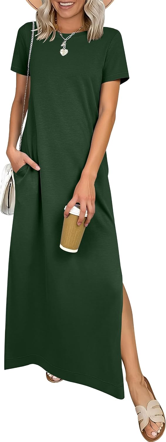 ANRABESS Womens Summer Maxi Dresses Wrinkle Free with Pockets | Air Layer Fabric, Short Sleeve Casual Travel Beach Vacation Long Dress, Crewneck Split, Comfort Work All-Day Wear Sundress