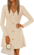 ZESICA Women's Fall Winter Long Sleeve V Neck Sweater Mini Dress | A Line Swing, Soft Ribbed Knit, Deco Button, Cocktail Party Short Dresses, Casual, Work, Office Outfits, Elegant Classy