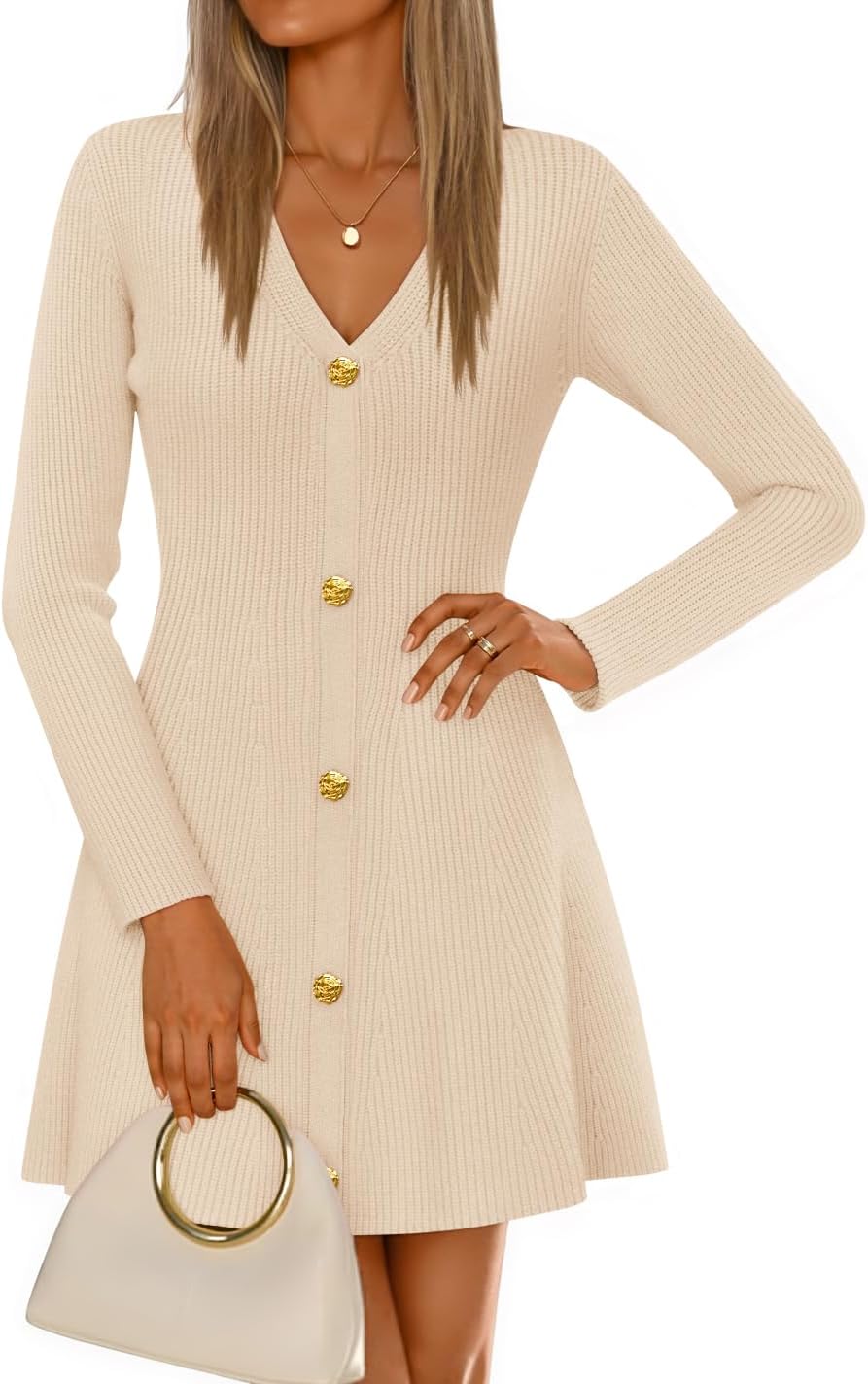 ZESICA Women's Fall Winter Long Sleeve V Neck Sweater Mini Dress | A Line Swing, Soft Ribbed Knit, Deco Button, Cocktail Party Short Dresses, Casual, Work, Office Outfits, Elegant Classy