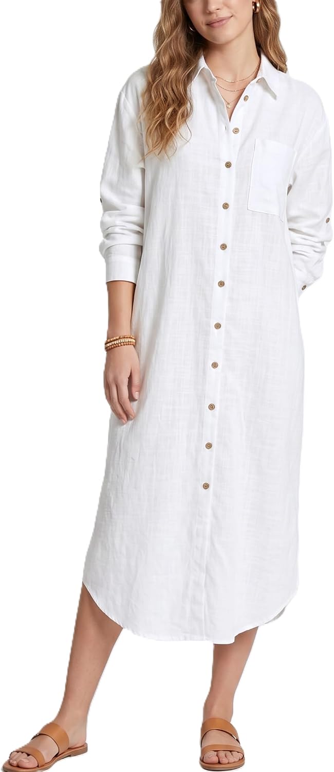 Kuraki Women's Casual Print Button Front Maxi Shirt Dress