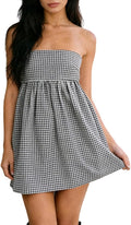 Women Strapless Gingham Tube Top Dress Summer Plaid Tie Back Mini Sundress | Backless Bandeau Dress, Ruffle Trim Flowy A-Line Short Dress, Gingham Babydooll Mini Dress with Pockets for Beach Vacation