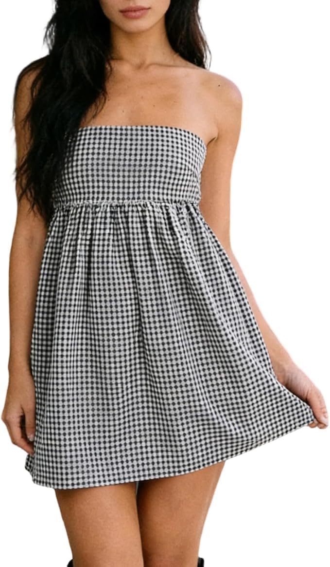 Women Strapless Gingham Tube Top Dress Summer Plaid Tie Back Mini Sundress | Backless Bandeau Dress, Ruffle Trim Flowy A-Line Short Dress, Gingham Babydooll Mini Dress with Pockets for Beach Vacation