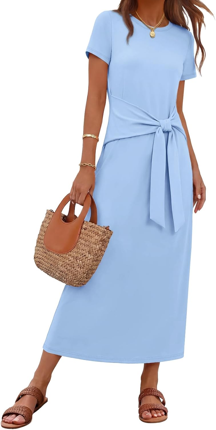 MEROKEETY Women's Summer T Shirt Casual Work Wrap Maxi Dresses | 2026 Fall, Tie Waist, Short Sleeve, Crew Neck, Business Casual, Beach Vacation, Slim Fit, High Waist, Elegant, Long Dress