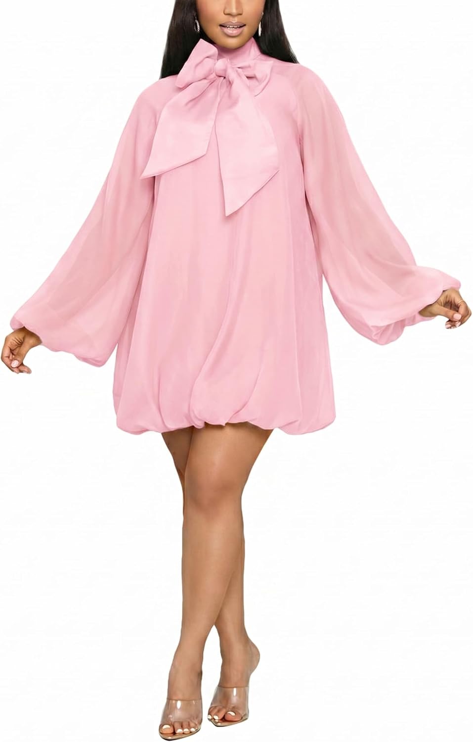 Yanfoam Women's Puff Sleeve Loose Chiffon for Cocktail Mini Dress | Sweetheart Round Neck,Puff Long Sleeve,Mini Dress,Bow Decoration,A-line,Flowy Loose Chiffon for Cocktail Party