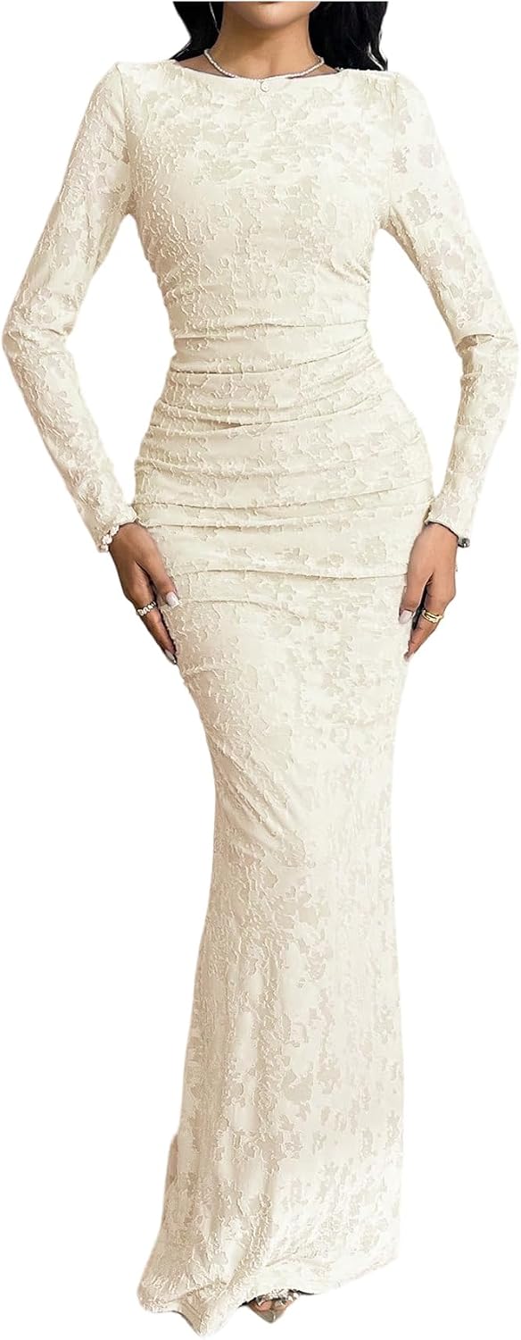 BEAUDRM Women's Fall Wedding Guest Dress Long Sleeve Cocktail Date Night Sexy Y2K Bodycon Ruched Mesh Formal Maxi Dresses