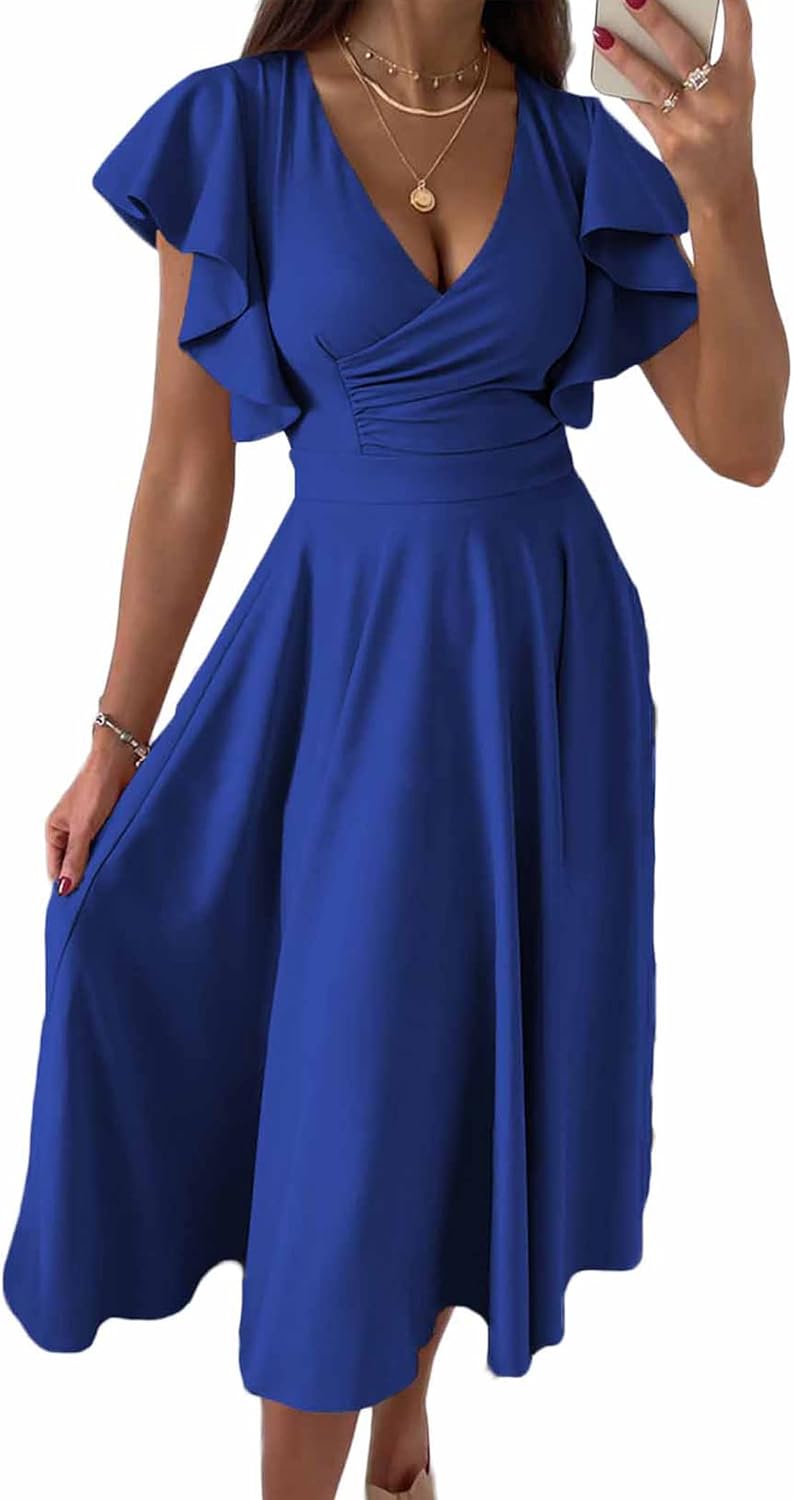 PRETTYGARDEN Women's Wrap V Neck Midi Summer Dresses | Ruffled Flutter Sleeves, Flowy Pleated A Line, High Waist, Elegant Spring Dress for Wedding Guest, Cocktail Party, Date Night