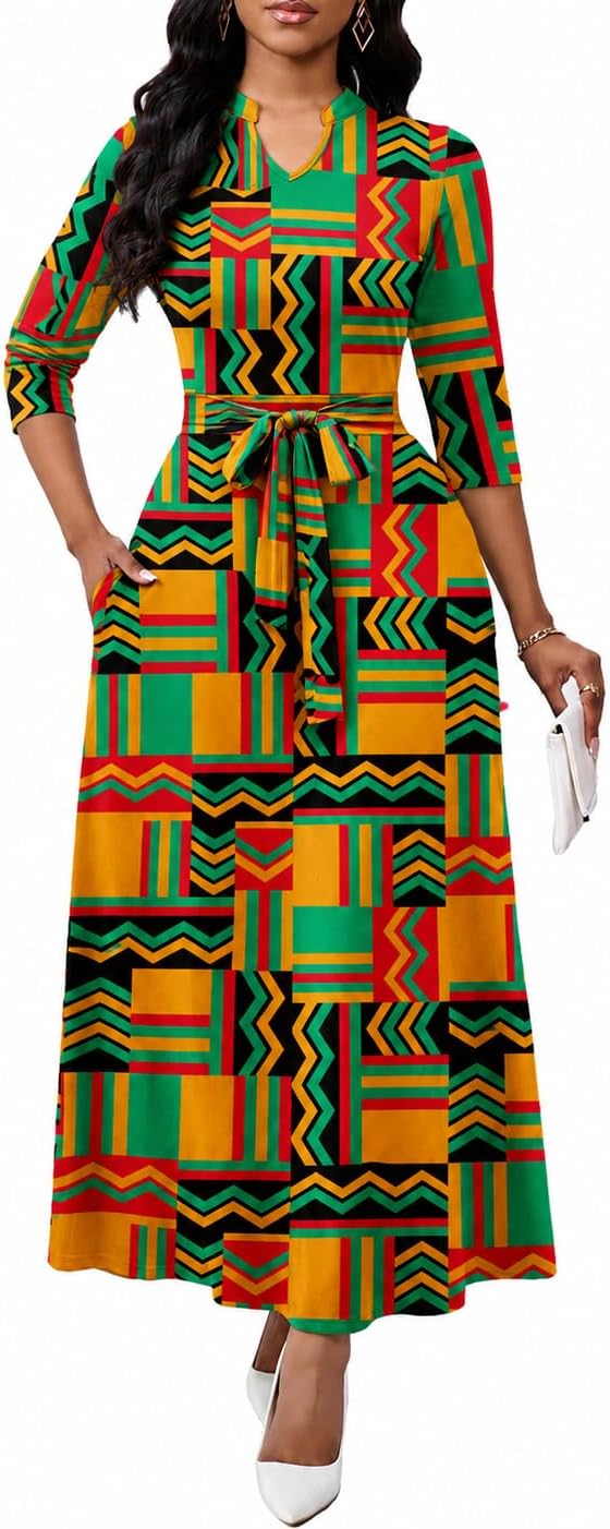 BubFee Maxi Dresses for Women Semi Formal Long Dress 3\/4 Sleeve Casual A-line Church Dresses with Pockets