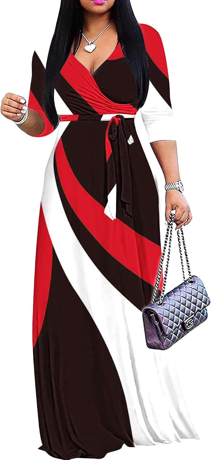 FANDEE Plus Size Maxi Dress for Women - Summer Long Dresses Casual | Women's Curvy Fit Long Dress, Semi\u2011Formal Print Fitted Wrap Dress with Pockets & Belt, 3\/4-Sleeve V-Neck