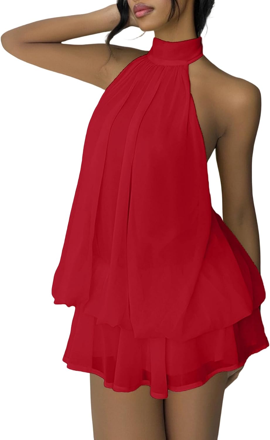 SHINFY Women's Chiffon Halter Flowy Ruffle Backless Birthday Mini Dress | Summer Cute Comfy Drop Waist Layered Going Out Dress Cocktail Wedding Guest Beach Vacation Brunch Dresses