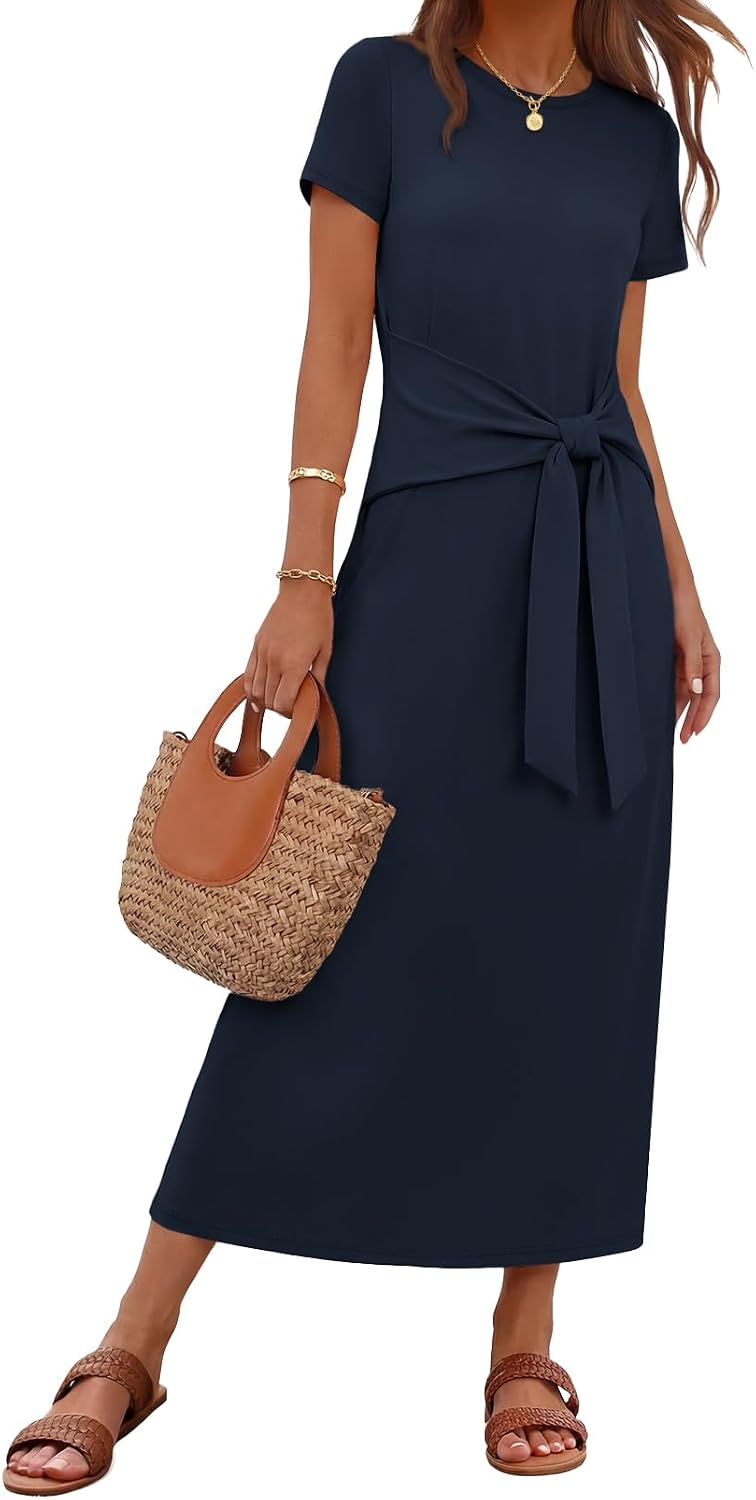 MEROKEETY Women's Summer T Shirt Casual Work Wrap Maxi Dresses | 2026 Fall, Tie Waist, Short Sleeve, Crew Neck, Business Casual, Beach Vacation, Slim Fit, High Waist, Elegant, Long Dress