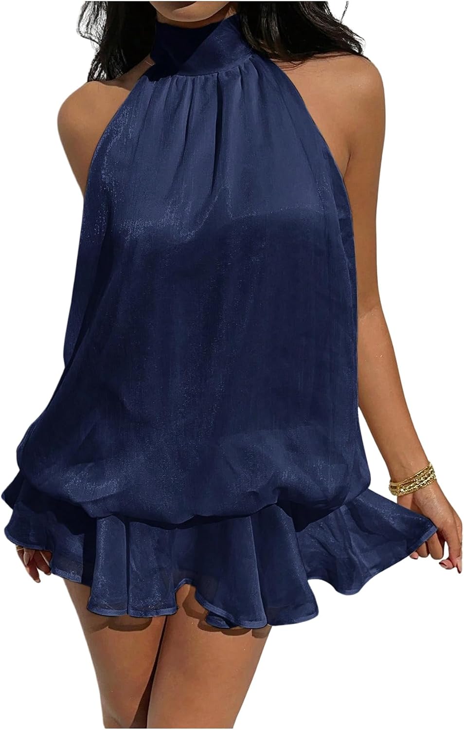 GORGLITTER Women's Halter Mini Dress Chiffon Wedding Guest Brunch Outfits | Ruffle Tiered, Open Back Backless, Cocktail Party Western Short Dress, Sexy Going Out Outfits