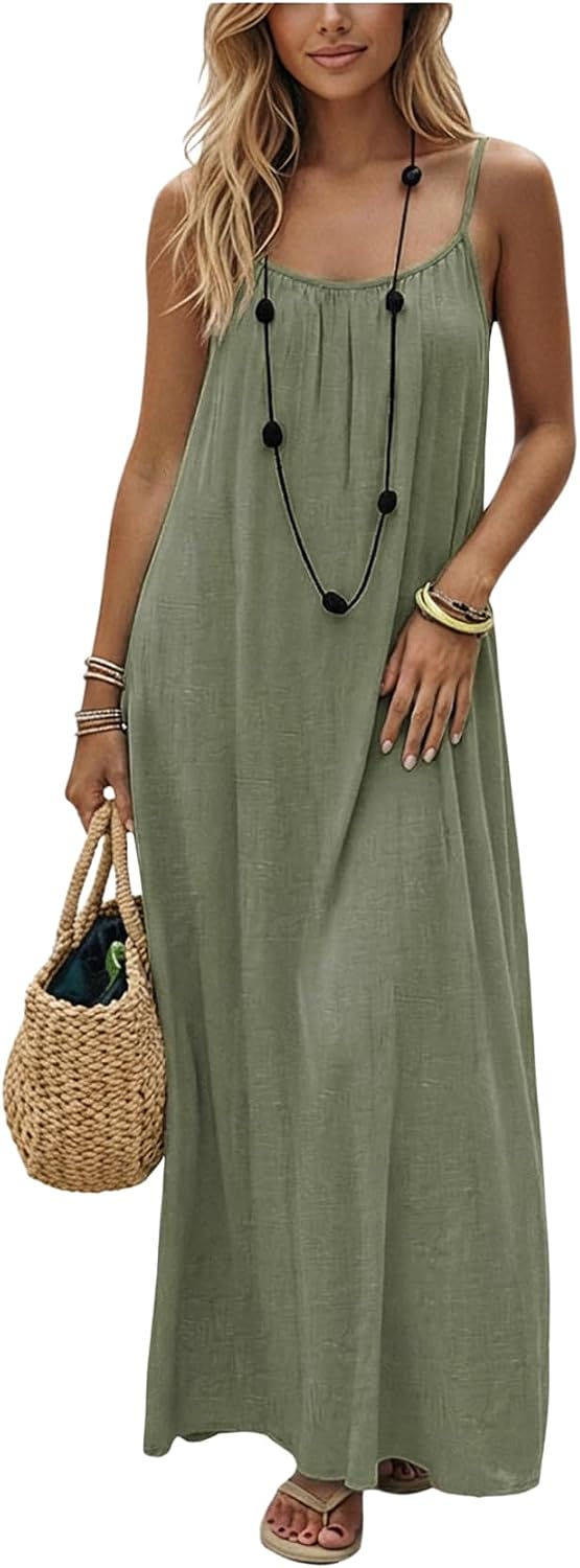 SHENHE Women's Open Back Spaghetti Strap Backless Maxi Dress Flowy Sundress | Backless Maxi Dress,Backless Cami Dress,Linen Dress.Cami Lounge Dress, House Dress