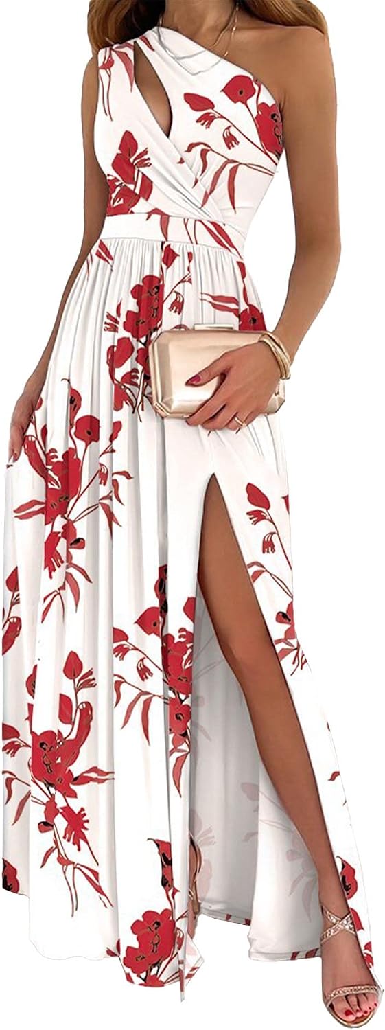 ECDAHICC Women's Sexy One Shoulder Cutout Pleated Maxi Dress Sleeveless High Slit Formal Evening Party Bridesmaid Dresses