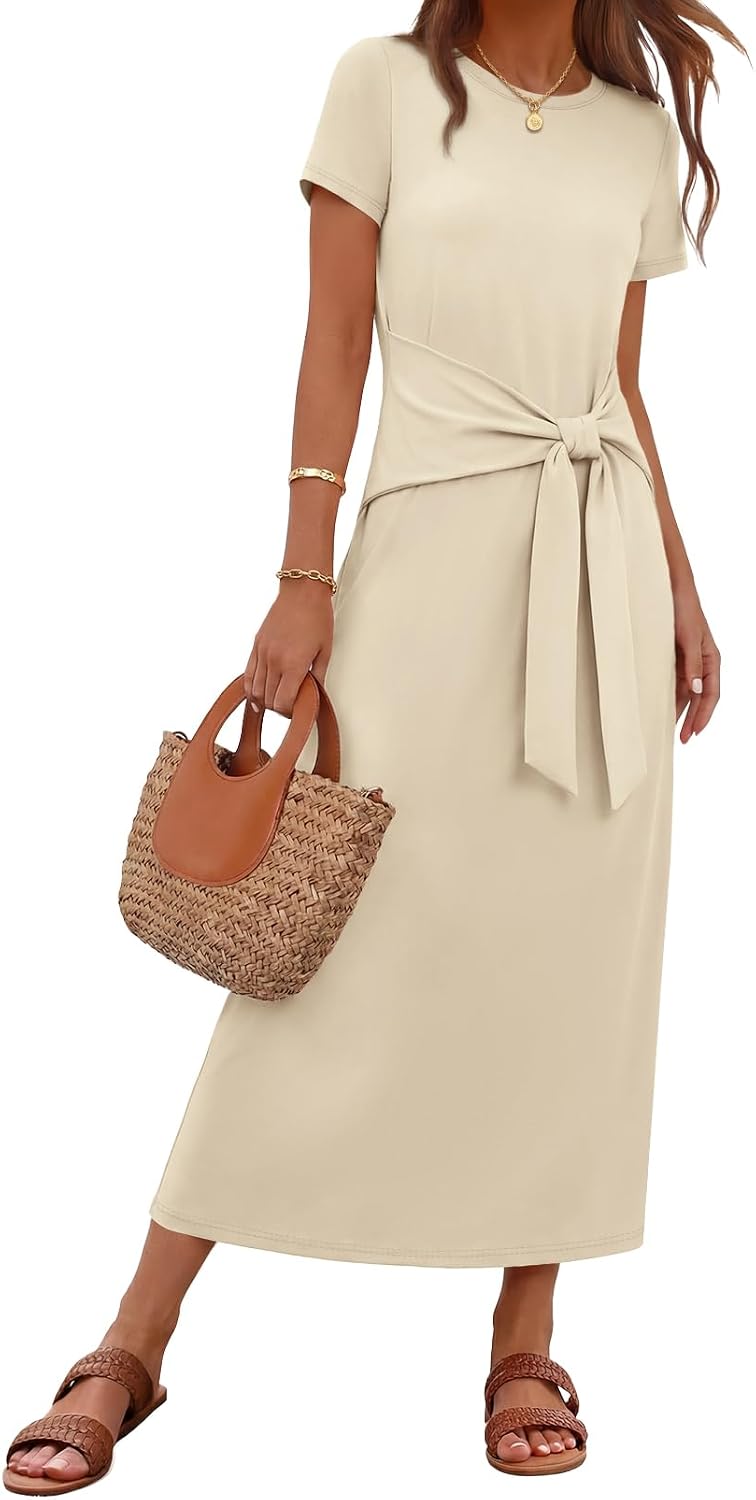 MEROKEETY Women's Summer T Shirt Casual Work Wrap Maxi Dresses | 2026 Fall, Tie Waist, Short Sleeve, Crew Neck, Business Casual, Beach Vacation, Slim Fit, High Waist, Elegant, Long Dress