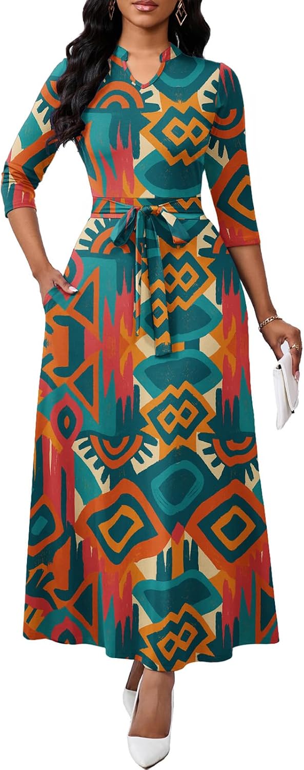 BubFee Maxi Dresses for Women Semi Formal Long Dress 3\/4 Sleeve Casual A-line Church Dresses with Pockets