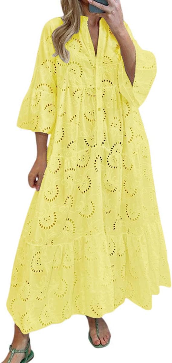 chouyatou Women's 2026 Lace Eyelet Embroidery Maxi Dress V-Neck Trumpet Sleeve Boho Flowy Swing Dress