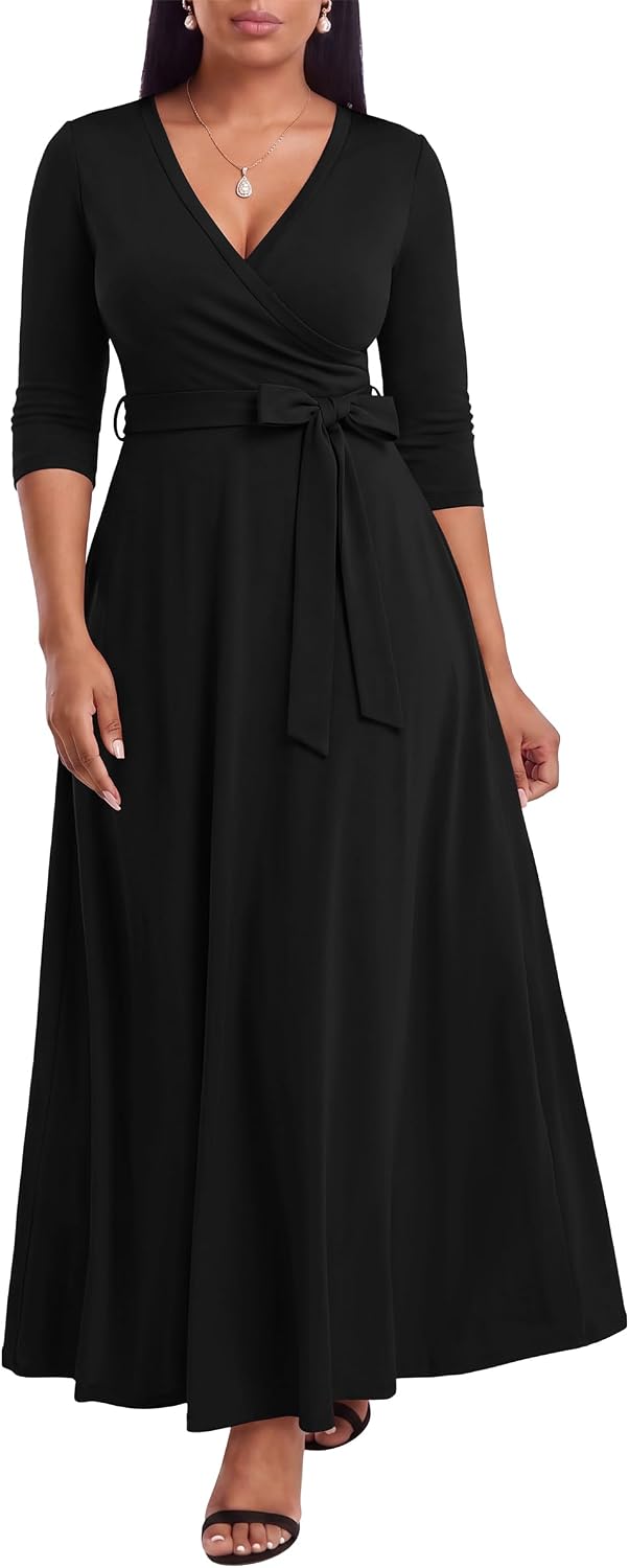 FANDEE Plus Size Maxi Dress for Women - Summer Long Dresses Casual | Women's Curvy Fit Long Dress, Semi\u2011Formal Print Fitted Wrap Dress with Pockets & Belt, 3\/4-Sleeve V-Neck