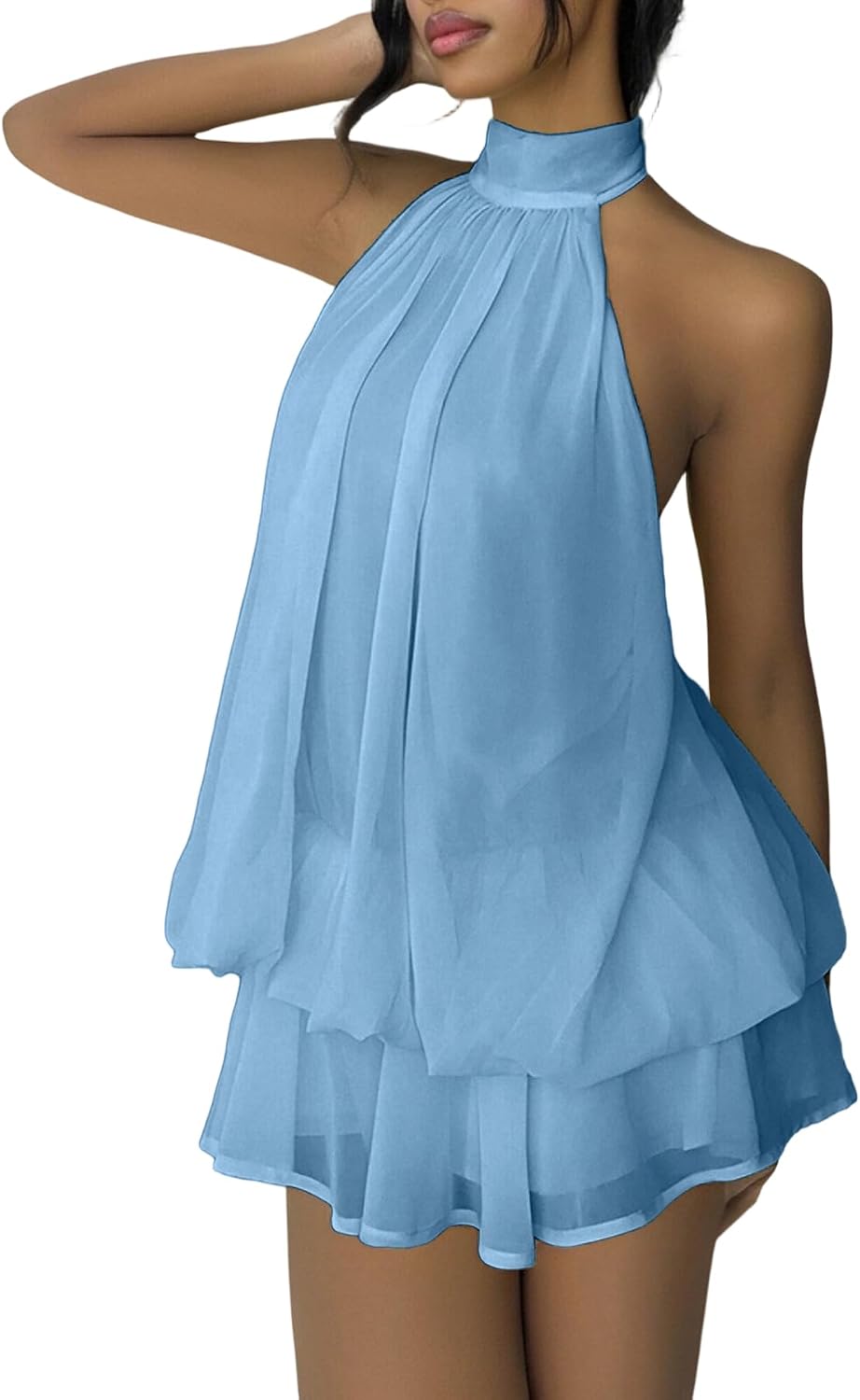SHINFY Women's Chiffon Halter Flowy Ruffle Backless Birthday Mini Dress | Summer Cute Comfy Drop Waist Layered Going Out Dress Cocktail Wedding Guest Beach Vacation Brunch Dresses