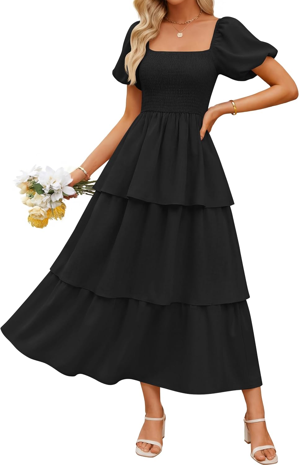 ZESICA Womens Summer Short Puff Sleeve Flowy Tiered Midi Dress | Square Neck, Backless, Swing A Line, High Waist, 2026 Boho Trendy, Dressy Casual Beach Vacation, Wedding Guest Cocktail Party