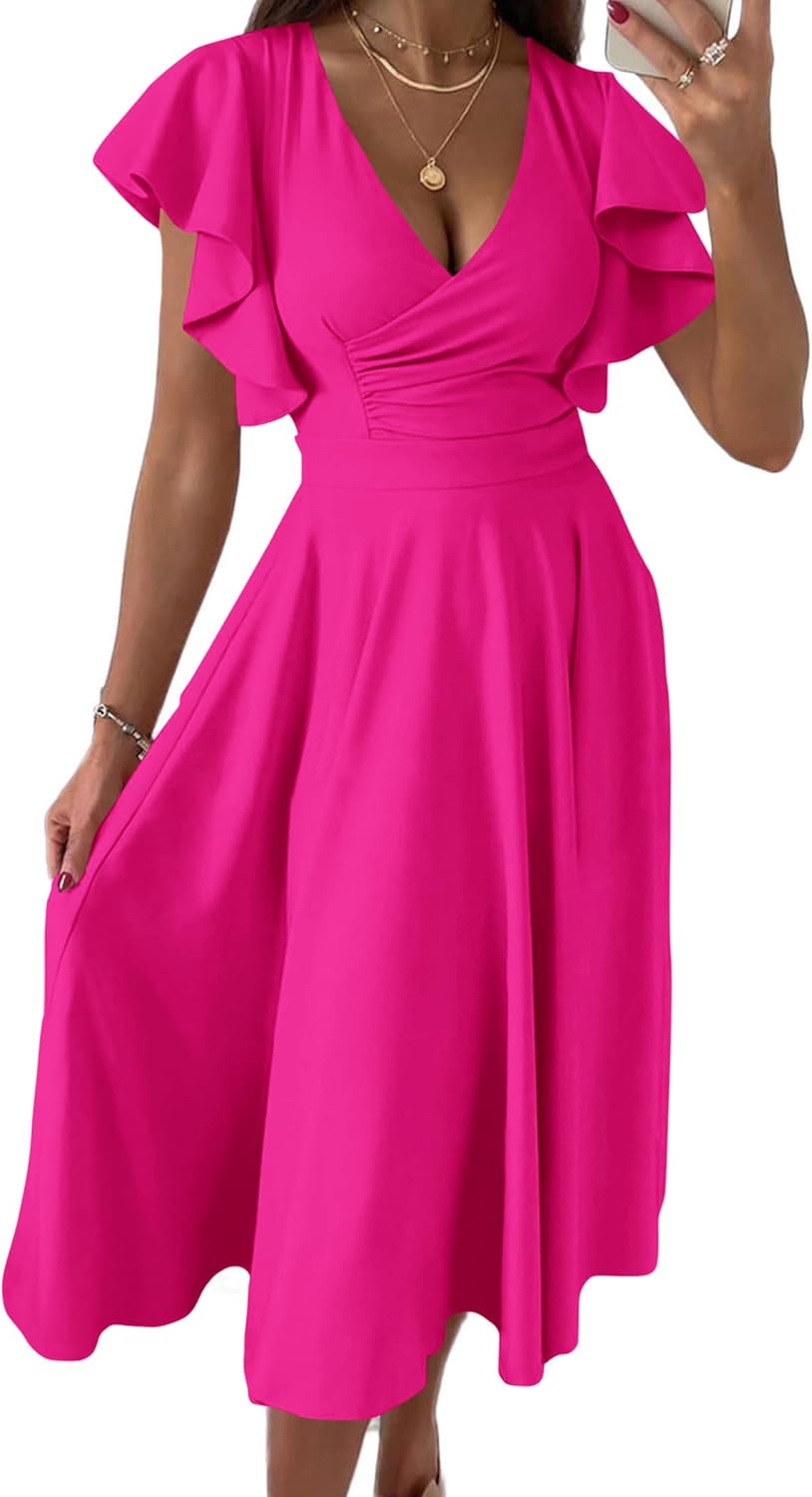 PRETTYGARDEN Women's Wrap V Neck Midi Summer Dresses | Ruffled Flutter Sleeves, Flowy Pleated A Line, High Waist, Elegant Spring Dress for Wedding Guest, Cocktail Party, Date Night