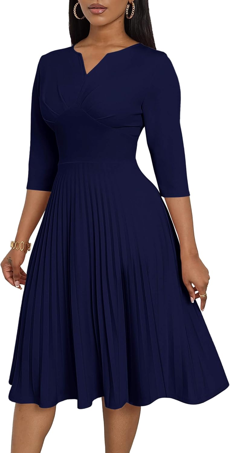 CLOCOR Pleated Midi Dress 3\/4 Sleeve Empire Waist Church Dress with Pockets | V neck back zipper A line fit and flare elegant dress\/ cocktail tea party wedding guest casual bussiness work office dress
