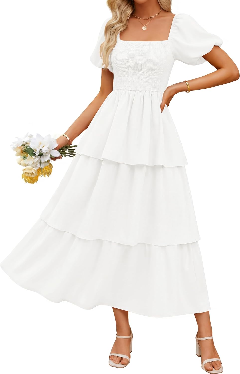ZESICA Womens Summer Short Puff Sleeve Flowy Tiered Midi Dress | Square Neck, Backless, Swing A Line, High Waist, 2026 Boho Trendy, Dressy Casual Beach Vacation, Wedding Guest Cocktail Party