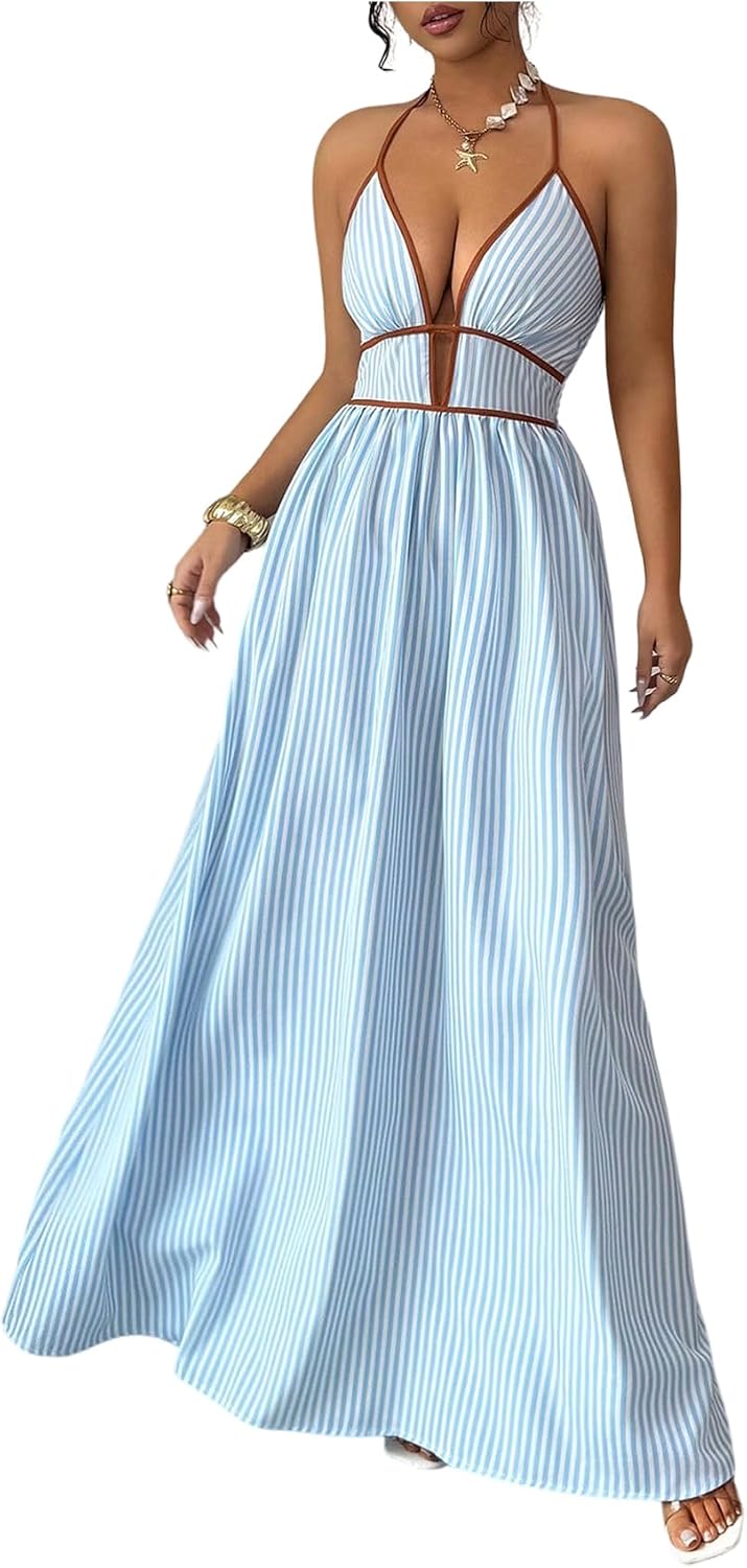 Floerns Women's Striped Halter Maxi Dress Backless Smocked Boho Dress | Striped, Halter Neck, Contrast Trim, Tropical Beach Vacation Outfits, Wedding Guest, Cute Maxi Dress
