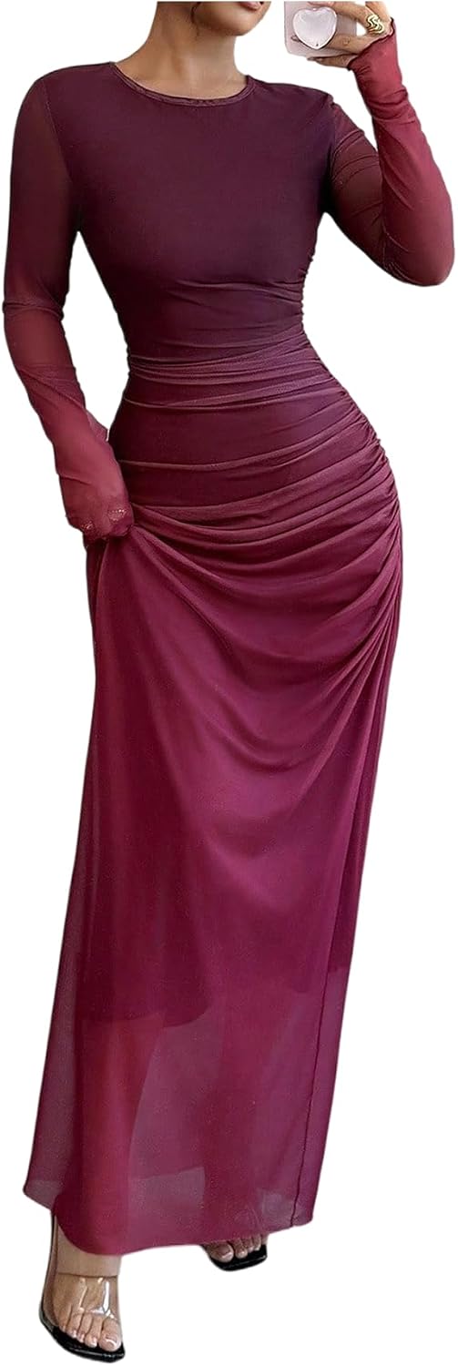 BEAUDRM Women's Fall Wedding Guest Dress Long Sleeve Cocktail Date Night Sexy Y2K Bodycon Ruched Mesh Formal Maxi Dresses