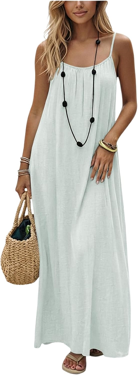 SHENHE Women's Open Back Spaghetti Strap Backless Maxi Dress Flowy Sundress | Backless Maxi Dress,Backless Cami Dress,Linen Dress.Cami Lounge Dress, House Dress