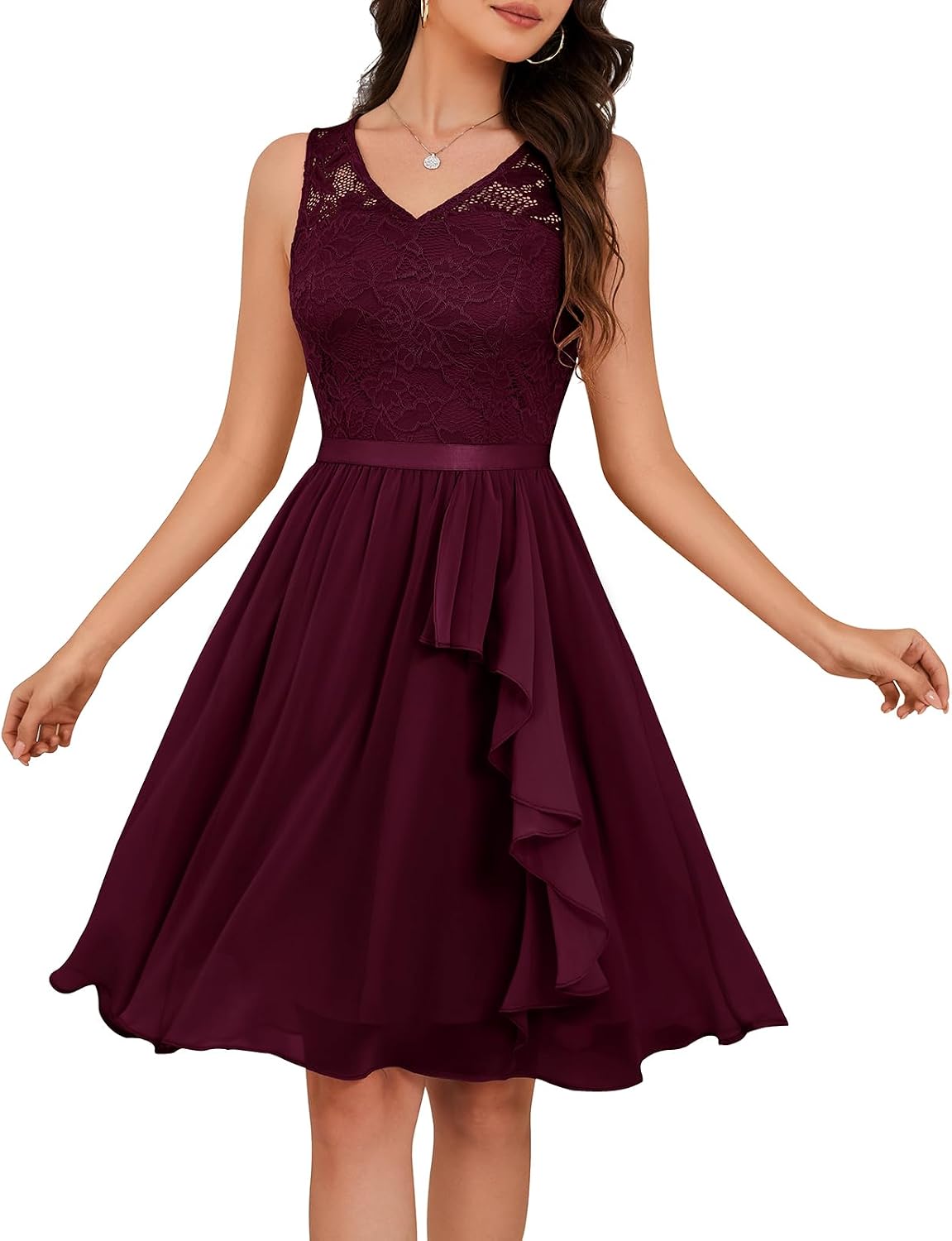 Meetjen Women's Lace Cocktail Party Dresses 2026 Formal Wedding Guest | Handkerchief Hem, V-Neck, Sleeveless, Midi, Fancy, Bridesmaid, Modest, Homecoming Dress